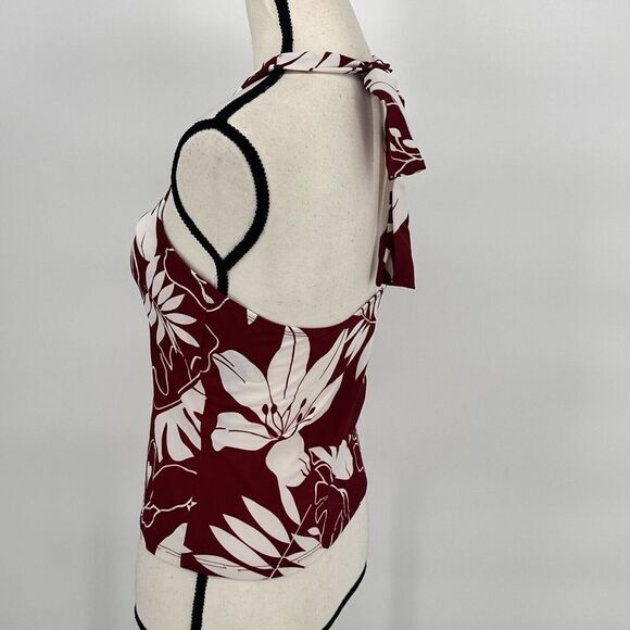 Cherokee Red Floral Hawaiian Halter Tie Tankini Top Swimsuit Built in Bra Size 8 - Picture 5 of 9